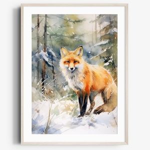Watercolor Floral Red Fox Portrait Wall Art Illustration Print Poster Unframed
